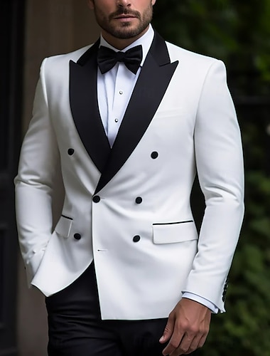  Heren Feest Prom Trouwaanzichten Tuxedo's Zwart Wit Patroon Effen Kleur 2-delig Luxe Formeel Gepaste Maat Dubbelzijdig Met Zes Knopen