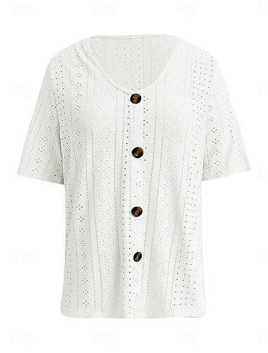  Wohnende weiße elegante Spitzenoberteile Augenbluse tägliche reguläre Oberteile Kurzarm V-Ausschnitt Knöpfe lockere Passform tägliche romantische kleine Oberteile Sommerferienbekleidung weiß rosa