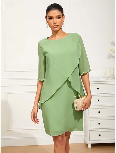  Damen Midikleid Chiffon-Kleid Elegant Ausgefallene kleid hochzeitsgast Cocktailparty Lockere Passform 3/4 Ärmel Rundhalsausschnitt Grün Sommer Frühling