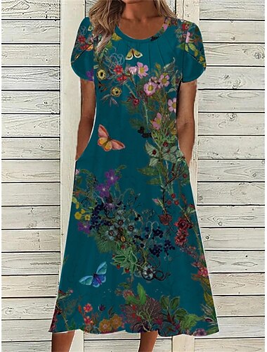  Damen Midikleid Casual kleid A Linie Kleid Elegant Vintage Stilvoll Laternenärmel Urlaub Täglich Regular Fit Blumen Kurzarm Rundhalsausschnitt Weiß Hellgrün Grün Dunkelblau Sommer Frühling