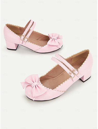  różowe buty typu Mary Jane na obcasie z podwójnym paskiem ze sprzączką i kokardką - urocze buty w stylu retro na klockowym obcasie na okazje codzienne i eleganckie
