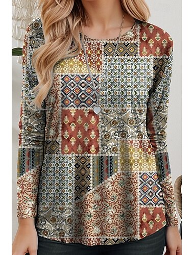  Women's T Shirt Graphic Geometric Casual Long Sleeve Crew Neck Regular Tops Daily Print Sage Green Spring Fall
