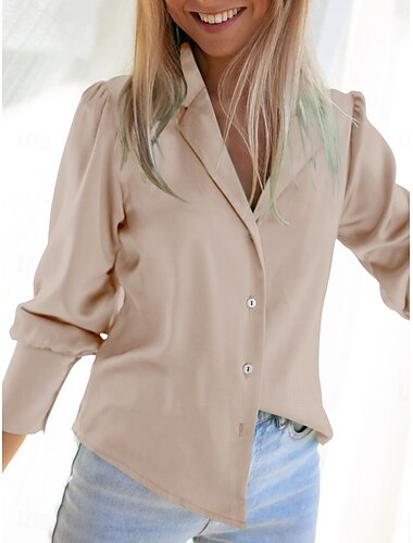  Damen Hemd Bluse Feste Farbe Geschäftlich Modern Brautkleider schlicht Langarm Hemdkragen Normale Oberteile Arbeit Abendgarderobe Knopf Blau Beige Sommer Frühling