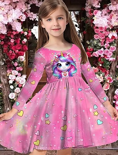  Flickor 3D Grafisk Enhörnings Klänning Långärmad Sommar Vår Semester Dagligen Helgdag Prinsessa Skön Ljuv Barn 4-12 år Vardagsklänning A linjeklänning Knälång Normal