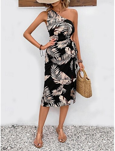  Damskie Sukienka midi Codzienne sukienki Bodycon Elegancki Codzienny Urlop Codzienny Regularny Kształt listka Bez rękawów Na jedno ramię Czarny Lato