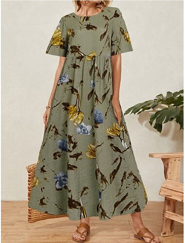  Femmes Robe maxi Robes en coton et lin Robe Décontractée Robe évasée Robe longue en coton Élégant Occasionnel Vacances Quotidien Coupe régulière Fleuri Manche Courte Col ras du cou Jaune clair Vert