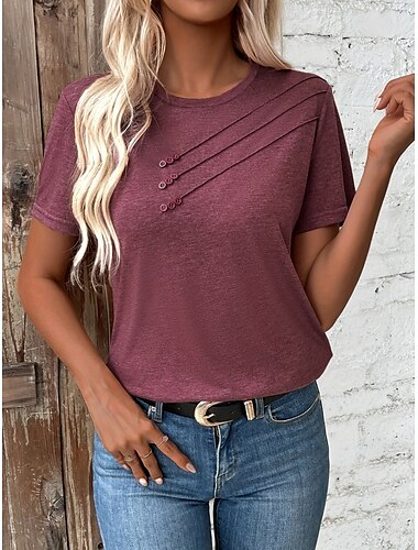  Dames T-shirt Effen Modieus Basic Modern Korte mouw Strakke ronde hals Normale tops Dagelijks Weekend Fuchsia Zomer Lente