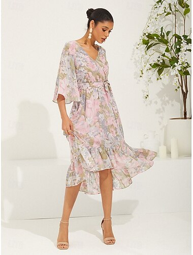 Women's Long Dress Maxi Dress Chiffon Dress Elegant Stylish Flutter Sleeve Wedding Vacation Daily Loose Fit Floral 3/4 Length Sleeve V Neck Pink Summer Spring Fall