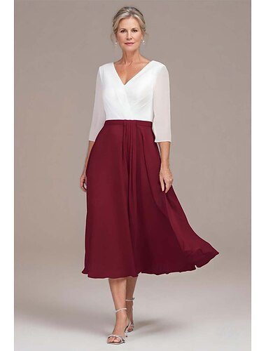  Mor til Bruden Kjole Strand Bryllup A-Linje Kjole med Faltet Elegant Enkel V Uring Te Lengde Chiffon 3/4 Lengde Ermer med Blonde Enfarget