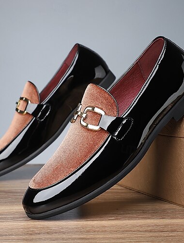  luksus loafers i rødt fløjl og sort lak til mænd – stilfulde slip-on dress-sko med metalspænde til bryllupper og formelle begivenheder