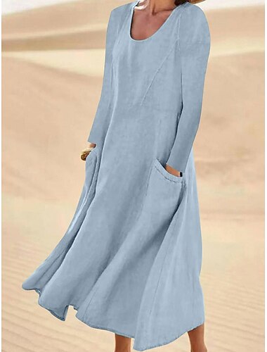  Femmes Robe Midi Robes en coton et lin Élégant Basique Occasionnel Vacances Quotidien Date Coupe Ample Uni manche longue Col ras du cou Blanche Vert Claire Rose Claire Bleu Ciel Printemps Automne