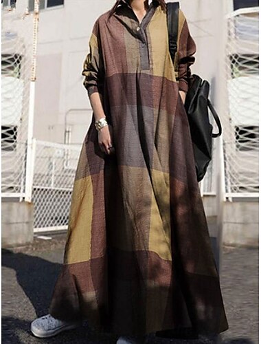  Pentru femei Rochie Maxi Rochii de in bumbac Rochie casual Rochie leagăn Epocă Stilat De Bază Vacanță Muncă Zilnic Potrivire Largă Plisat Manșon Lung Guler Cămașă Galben Roșu-aprins Albastru piscină