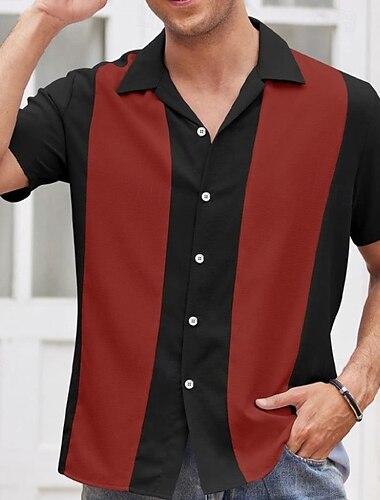  Voor heren Overhemd Zomer overhemd Normaal shirt Bowlingshirt Overhemd met knopen Zwart Wit blauw Rood Groen Korte mouw Kleurenblok Strijkijzer Vakantie Straat Afdrukken Kleding Polyester Modieus