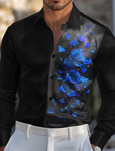  Herren Rose Blumen / Blumen Satinhemd Oberhemd Knopfhemd Langarm Modisch lässig Hochzeit Urlaub Abendgesellschaft Sommer Frühling Umlegekragen Hemden mit Kragen 3D-Druck Gelb Rote Blau Purpur