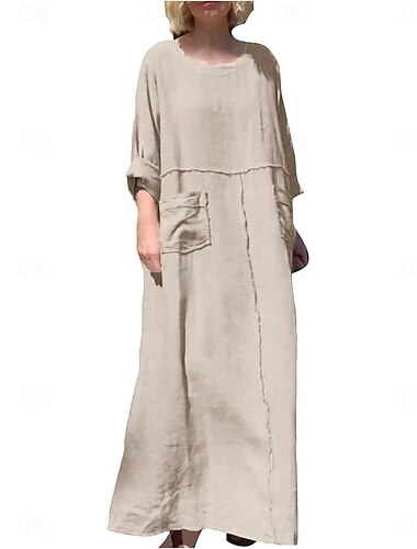  Damen Maxikleid Leinen-inspirierte Kleider Freizeitkleid Elegant Vintage Stilvoll Urlaub Täglich Lässiger Schnitt Einfach Langarm Rundhalsausschnitt Schwarz Beige Frühling Herbst