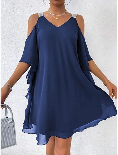  Dame Mini kjole Chiffonkjoler Elegant Kolde skulder Daglig Løstsiddende Helfarve Uden ærmer V-hals Navyblå Sommer Forår Efterår