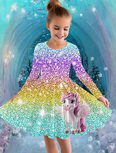  Flickor 3D Grafisk Enhörnings Klänning Långärmad Sommar Vår Semester Dagligen Helgdag Prinsessa Skön Ljuv Barn 4-12 år Vardagsklänning A linjeklänning Knälång Normal