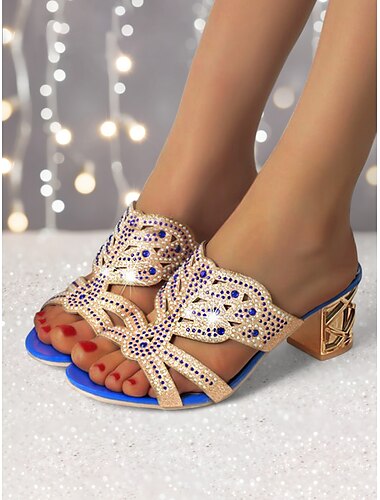  Gold and Green Rhinestone Embellished Heeled Sandals - Women's Glamorous Evening Shoes