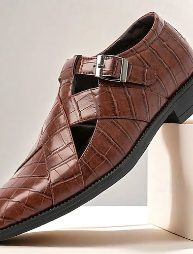  pánské hnědé sandály z umělé kůže krokodýlí vzor – elegantní prodyšné společenské boty na letní svatby a večírky