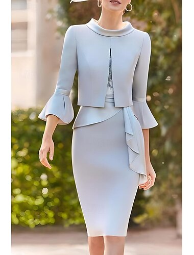  Klänning Klänning Set Mor till Bruden Klänning Formell Bröllops Gäst Elegant Vintage Juvel Hals Te-Längd Stretch Stoff Halv Sleeve med Spets Kaskad Volanger Derby Klänning Racedag Klänning 2025