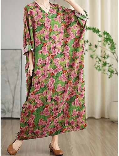 Damen Maxikleid Leinen-inspirierte Kleider Freizeitkleid Stilvoll Lässig Urlaub Täglich Normale Passform Blumen Langarm V Ausschnitt Rote Frühling Herbst