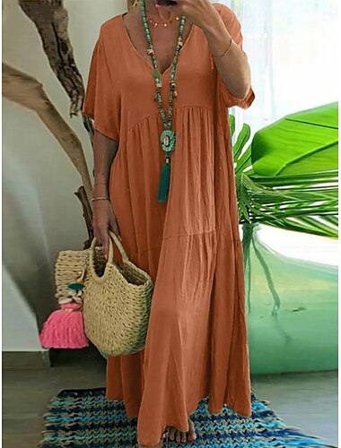  Damen Maxikleid Baumwoll-Leinen-Kleider Freizeitkleid Basic Lässig Urlaub Täglich Normale Passform Einfach Kurzarm V Ausschnitt Rote Orange Khaki Dunkelblau Sommer