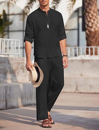  Hombre 2 Piezas Conjunto de camisa conjunto de verano Conjuntos a juego Camisa casual Plano Vacaciones Diario Negro Gris Azul claro Manga Larga Cuello Verano Ropa