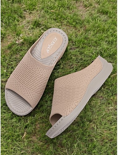  Женские сандалии без застежек с верхом из плетеной трикотажной ткани, открытым носком и мягкой подошвой для повседневного ношения летом и повседневного комфорта