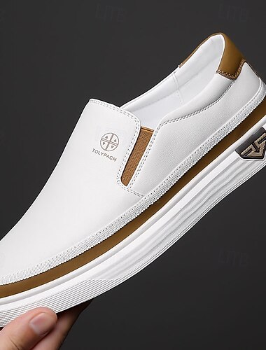  hvite slip-on loafers for menn – lette sko i imitert skinn med polstret såle for fritidsbruk og hverdagsbruk