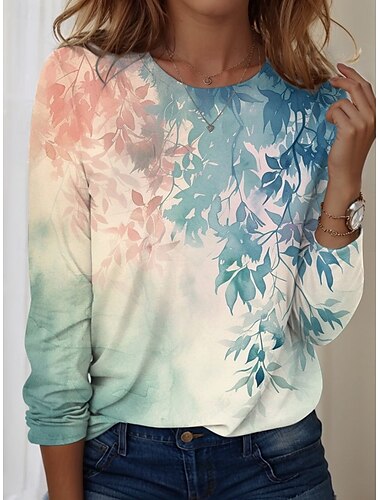  Damen T Shirt Blumen Lässig Langarm Rundhalsausschnitt Normale Oberteile Täglich Druck Grün Frühling Herbst
