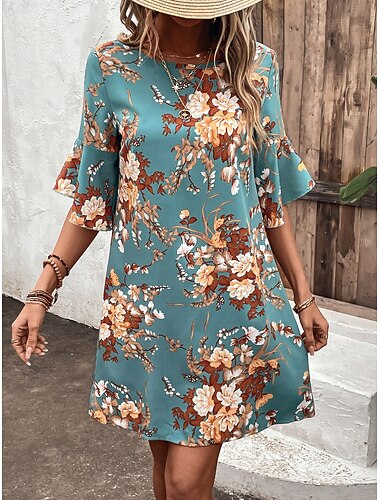  Damen Minikleid Casual kleid Stilvoll Brautkleider schlicht Urlaub Täglich Lockere Passform Blumen Halbe Ärmel Rundhalsausschnitt Grün Sommer
