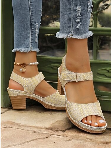  Women's Yellow Woven Block Heel Sandals with Adjustable Strap, Comfortable Open-Toe Design, Perfect for Summer Outings, Casual Wear, and Beach Vacations