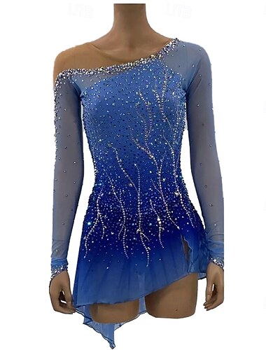  Vestido de patinaje artístico Mujer Chica Patinaje Sobre Hielo Vestidos Azul Retazos Costura asimétrica Malla Licra Elástico Entrenamiento Profesional Competición Ropa de Patinaje Cristal / Strass