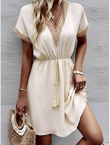  Femme Mini robe robe blanche Robe en dentelle blanche avec manches Robe d'été Décontractées Vacances du quotidien Ample Manche Courte Col V Vert foncé Beige Eté Printemps