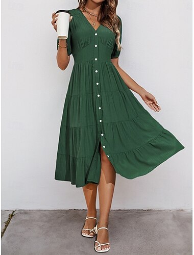  نسائي فستان ميدي لباس غير رسمي فستان سوينج فستان شكل حرف A أساسي كاجوال عطلة مناسب للبس اليومي عادي سهل كم قصير V رقبة أخضر الصيف
