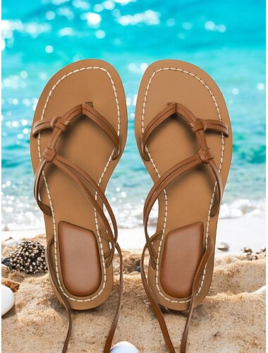  kvinners gladiator-sandaler med snøring – brune flate strandsko med stropper for uformelle sommerturer