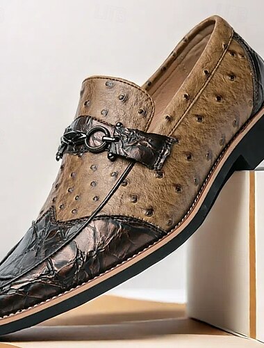  Mocassins en similicuir marron pour hommes avec motif autruche – chaussures à enfiler élégantes pour les occasions formelles et décontractées