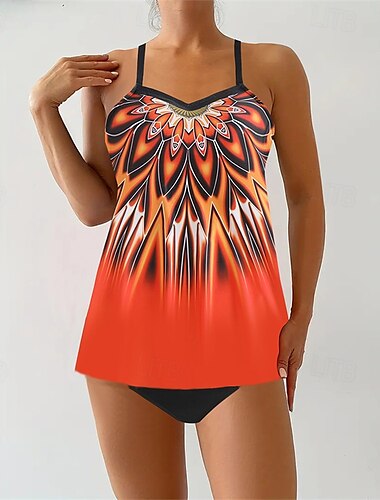  Femme Tankini Maillot De Bain Deux Pièces Col en V Bretelles Croisées Maillots de Bain Maillots de Bain Orange Vert Respirable Séchage rapide Poids Léger Sans Manches - Natation Surf Plage Et