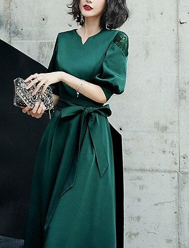  A-Linie Cocktailkleider Elegantes Kleid Formelles Knöchellang Halber Ärmel V-Ausschnitt Tasche Satin mit Schleife(n) Derby Kleider