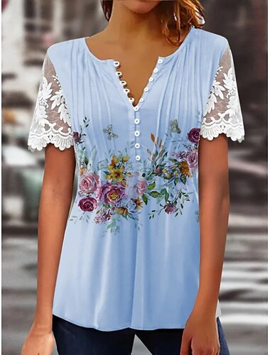 Damskie Top z koronką Graficzny Kwiaty Elegancja Bohema Moda Krótki rękaw Rękaw typu motylek Okrągły dekolt Zwykłe topy Codzienny Weekend Ubrania wakacyjne Koronka Niejednolita całość Nadruk Biały