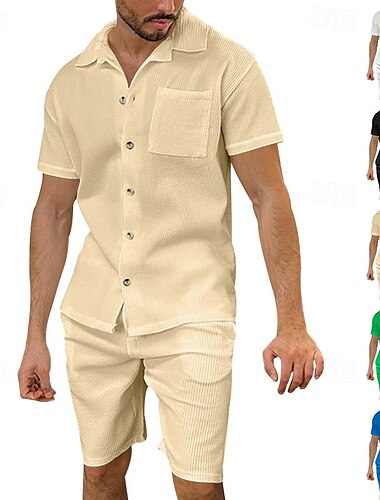  Hombre 2 Piezas Conjunto de camisa conjunto de verano Conjuntos a juego Camisa casual Camisa de Pana Plano Vacaciones Diario Negro Blanco Azul Real Verde Trébol Manga Corta Cuello Verano Ropa