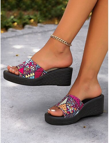  Bunte Damen-Sandalen mit Keilabsatz und Ethno-Print – bequemes Plateau-Design für Sommer, Strand und Freizeit
