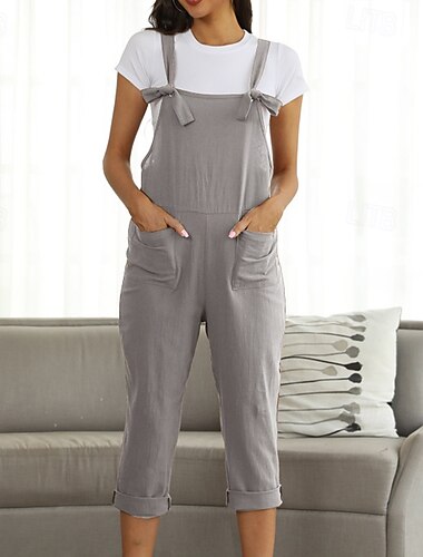 Damen Hosen Hose Overall Jumpsuit Leicht Brautkleider schlicht Knöchellänge Mittlere Hüfthöhe Glatt Tasche Atmungsaktivität Komfortabel Unelastisch Heim Casual Weinrot Dunkelgrün Marinenblau Schwarz