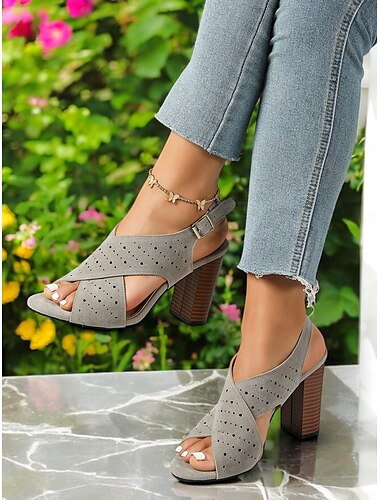  sandálias femininas de salto alto perfuradas cinza claro com tira de fivela ajustável e design de bico aberto - sapatos de verão elegantes para eventos casuais e formais
