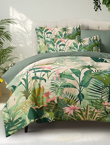  Blommig Duvet Cover Set 100% Bomull Mjuk och Andningsbar Sängkläder Med Tropisk Regnskog Lätt och Hållbar Täcke Bekväm för Alla Säsonger Lätt att Ta Hand Om