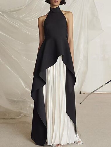  A-Line Evening Gown Black Dress Dress Evening Party Black Tie Gala Floor Length Sleeveless Stand Collar Wednesday Addams Family Chiffon Backless with Pleats Slit