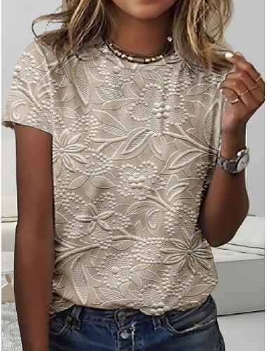  Dames T-shirt 3D Print Bloemen Casual Korte Mouw Ronde Hals Reguliere Tops Dagelijks Print Beige Zomer