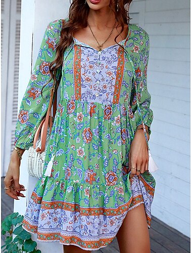  Pentru femei Rochie Mini Rochie casual Rochii Boho Chic Rochie Boho Boemia Drăguţ Stilat Vacanță Zilnic Plajă Potrivire Largă Grafic Manșon Lung În V Roșu-aprins Trifoi Primăvară Toamnă
