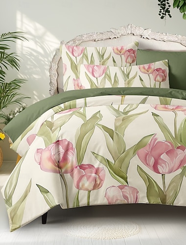  3-teiliges Bettbezug-Set aus 100 % Baumwolle mit Blumenmuster für den Sommer, weich, hautfreundlich und langlebig
