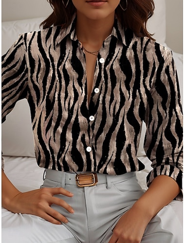  Dameskjorte i linlignende pustende lett dyre geometrisk casual langermet skjorte med krage vanlig topper arbeid daglig knapper trykk svart vår høst vinter